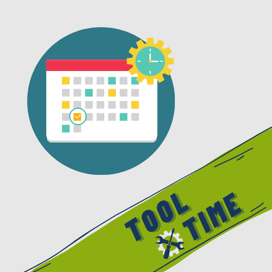 Tool Time-Banner und ein stilisiertes Kalenderblatt.